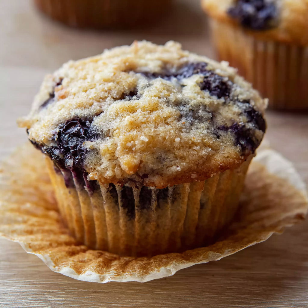 A muffin with blueberries and cheesecake.