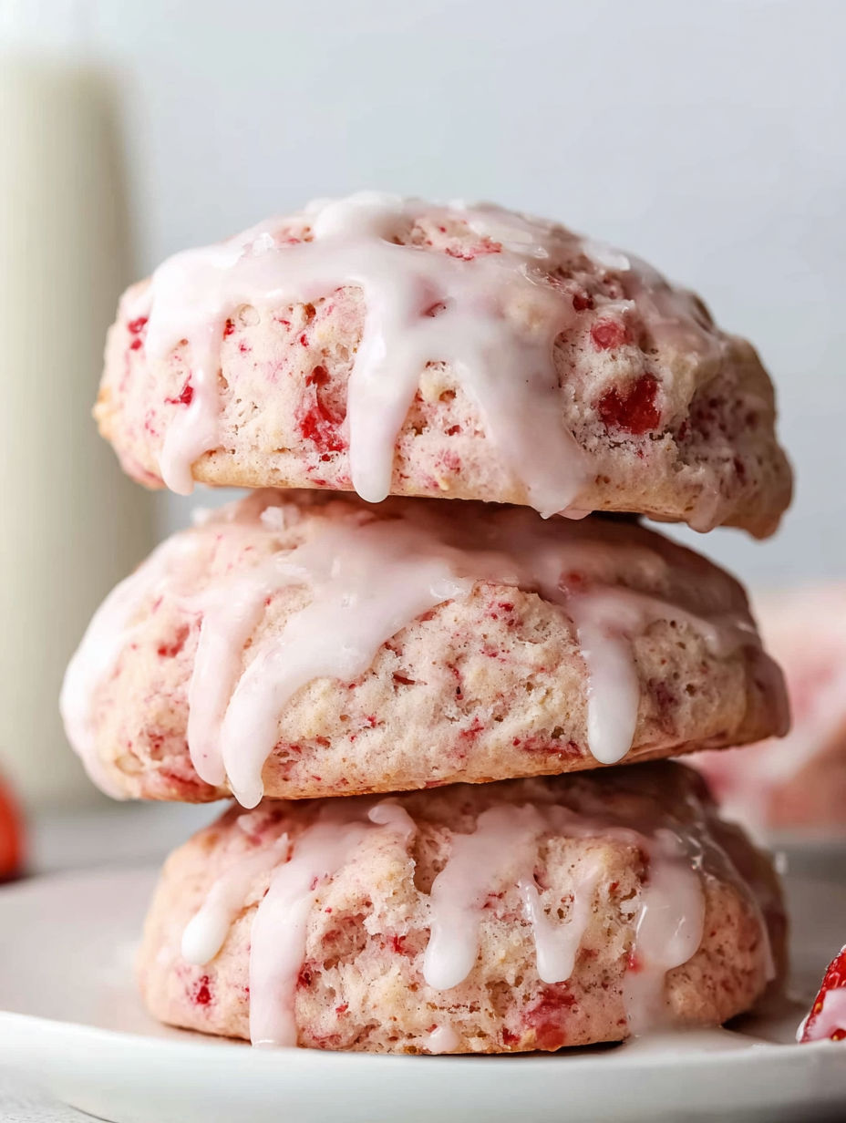 Three stacked strawberry cookies with white icing.