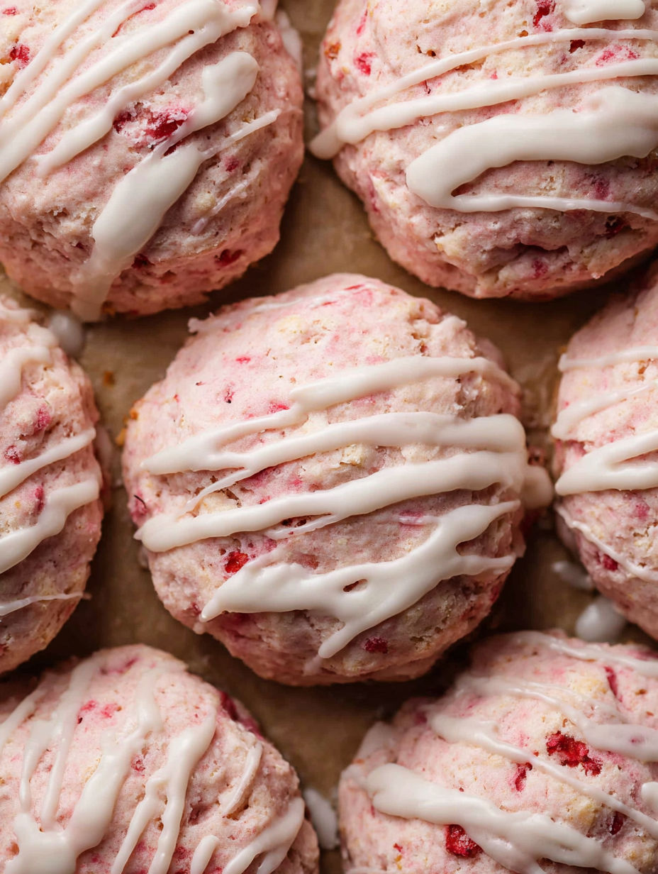 A plate of strawberry cookies with white icing.