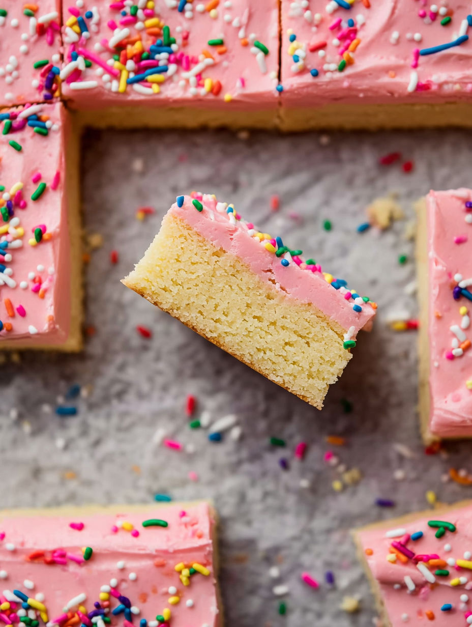 A slice of cake with pink frosting and sprinkles.