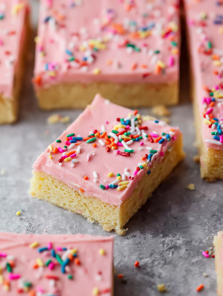 A slice of pink cake with sprinkles.