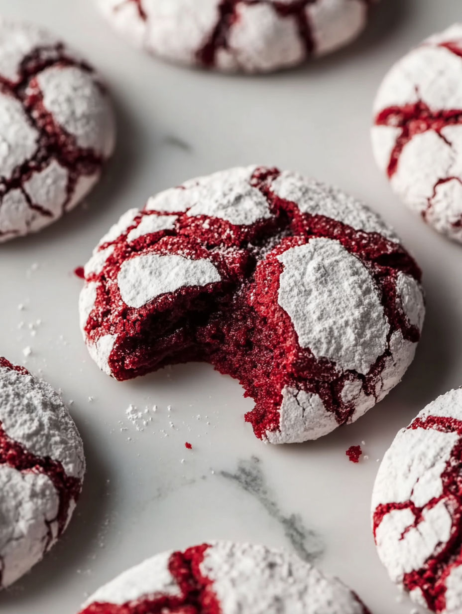 Red velvet crinkle cookies with white frosting.