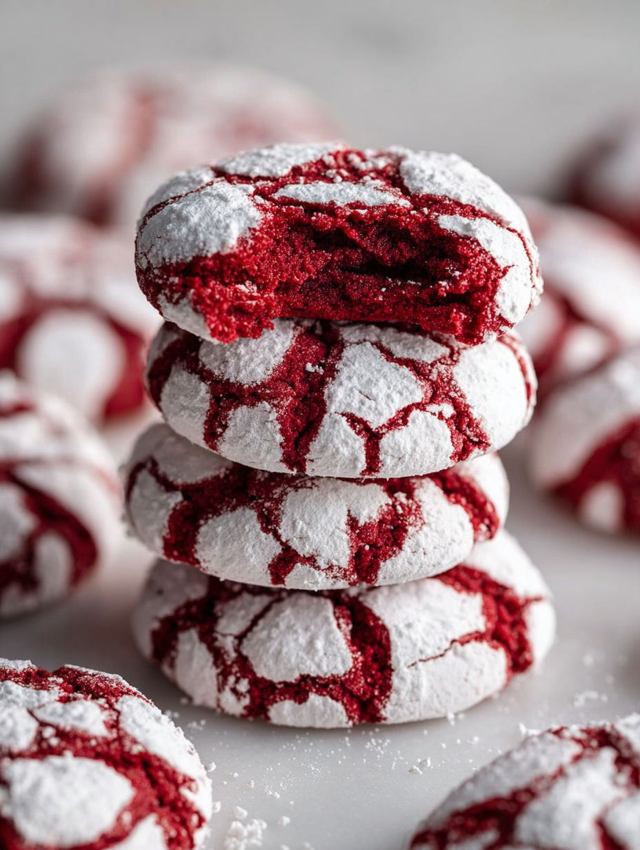 Red velvet crinkle cookies stacked on a table.