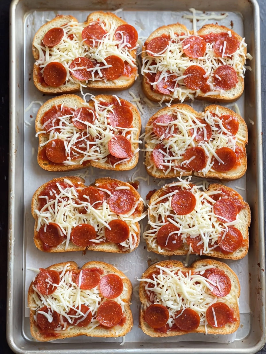 A tray of mini garlic toast pizzas.