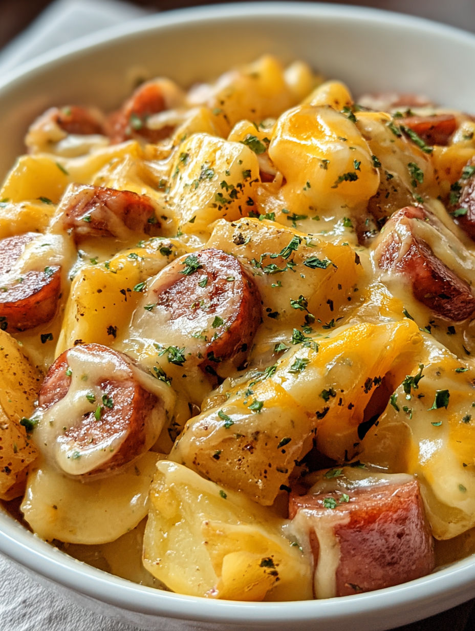 A bowl of food with sausage, potatoes, and cheese.