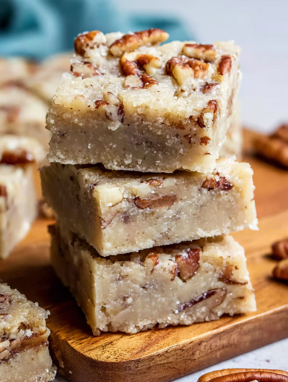 A stack of pecan shortbread bars.