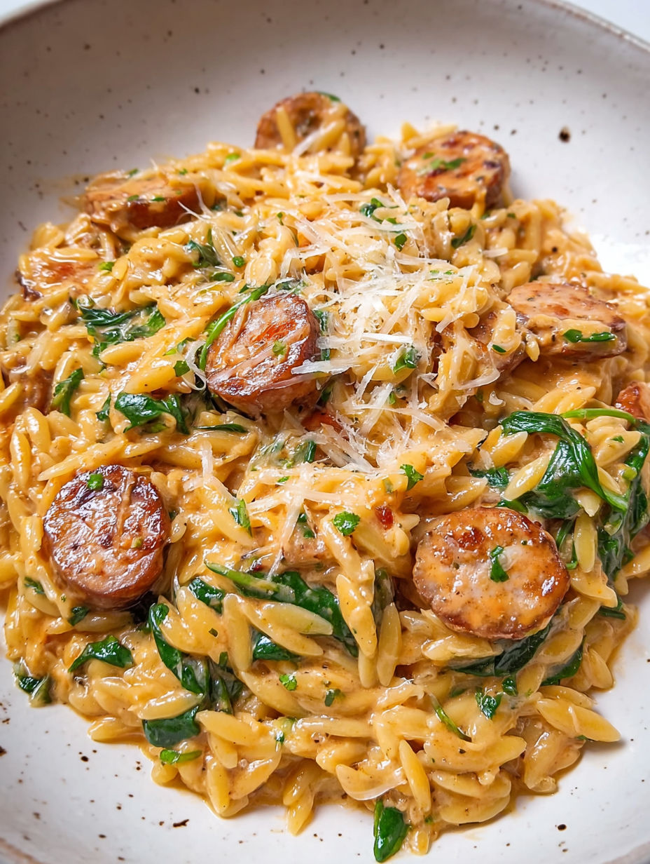 A bowl of pasta with sausage and cheese.