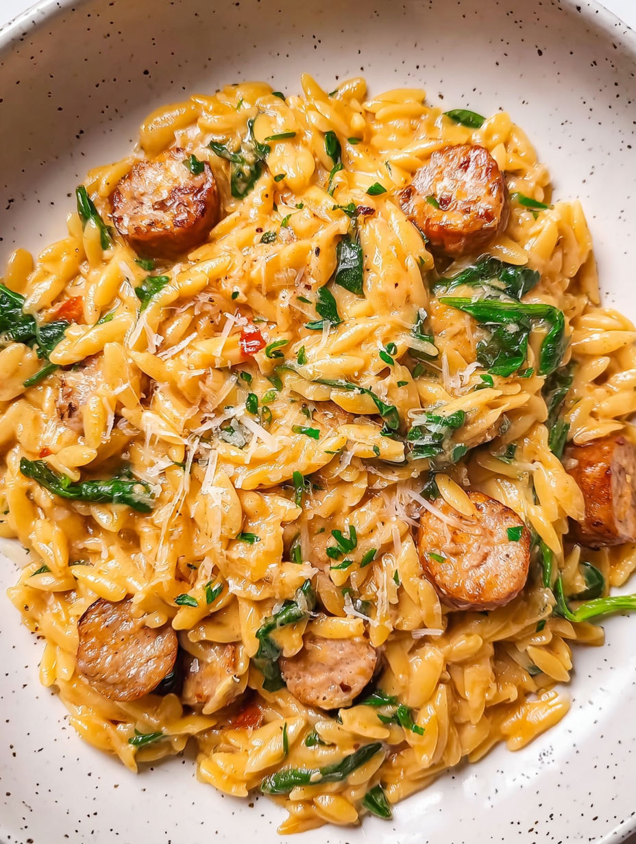 A plate of pasta with sausage and vegetables.
