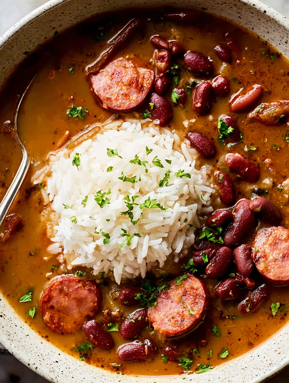 A bowl of soup with rice and beans.