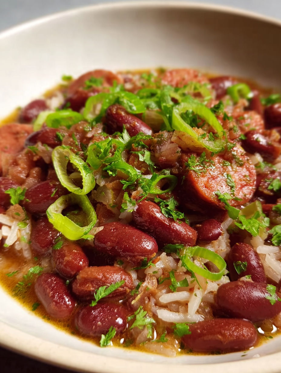 A bowl of food with rice, beans, and sausage.
