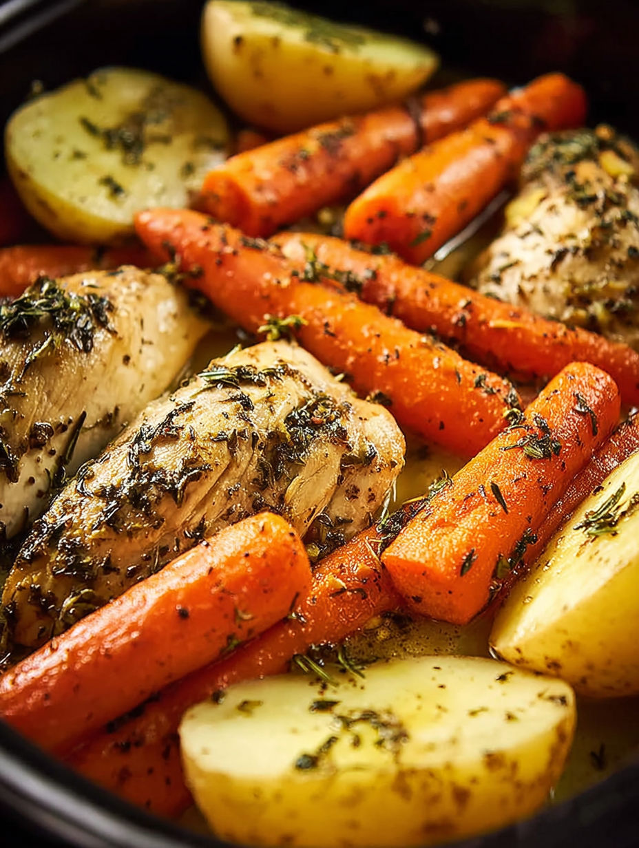 A slow cooker filled with chicken, carrots, potatoes, and herbs.