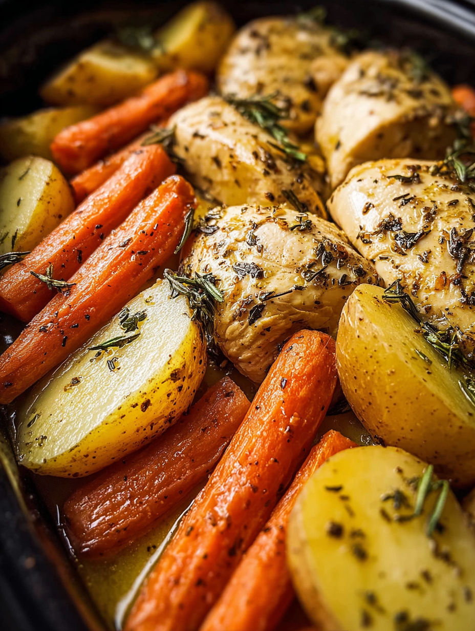 A slow cooker filled with chicken, potatoes, carrots and herbs.