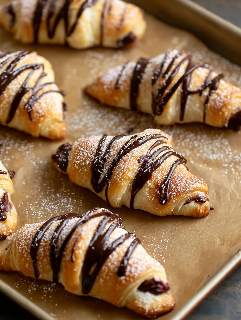 A tray of pastries with chocolate drizzled on top.