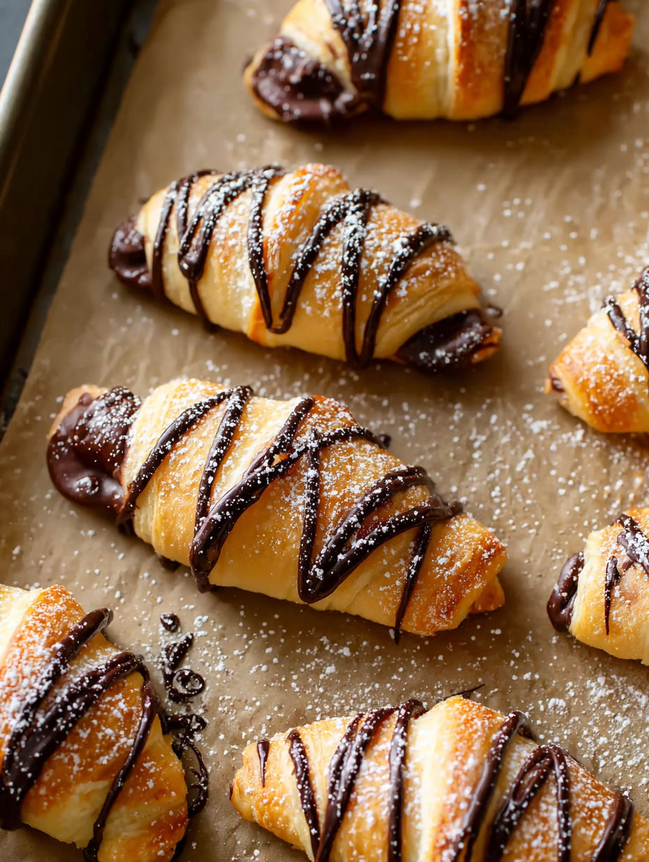 A tray of pastries with chocolate drizzled on them.