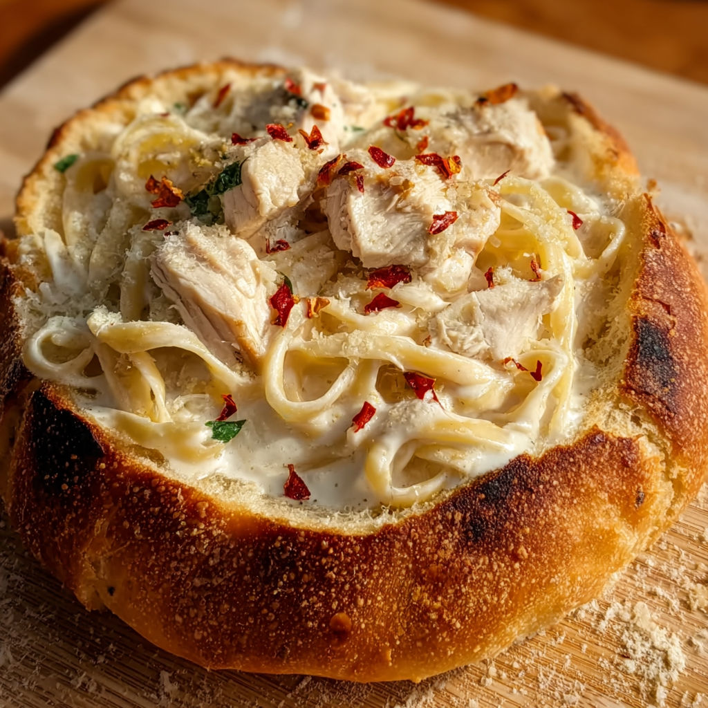 A bowl of chicken alfredo garlic bread.
