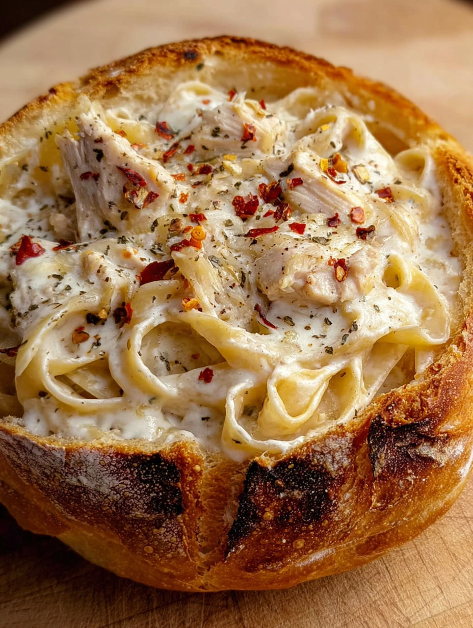 A bowl of chicken alfredo with garlic bread.