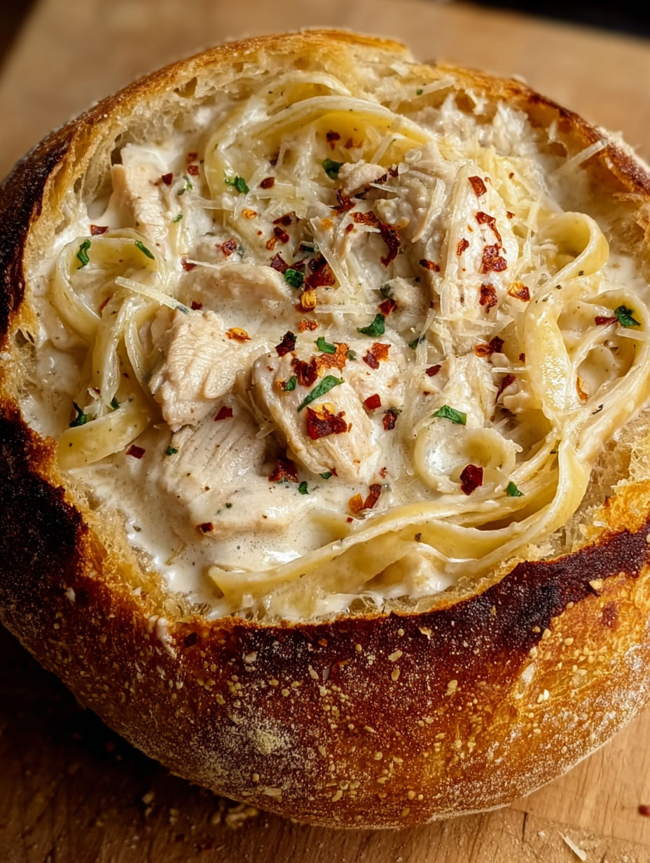 A bowl of chicken alfredo with garlic bread.