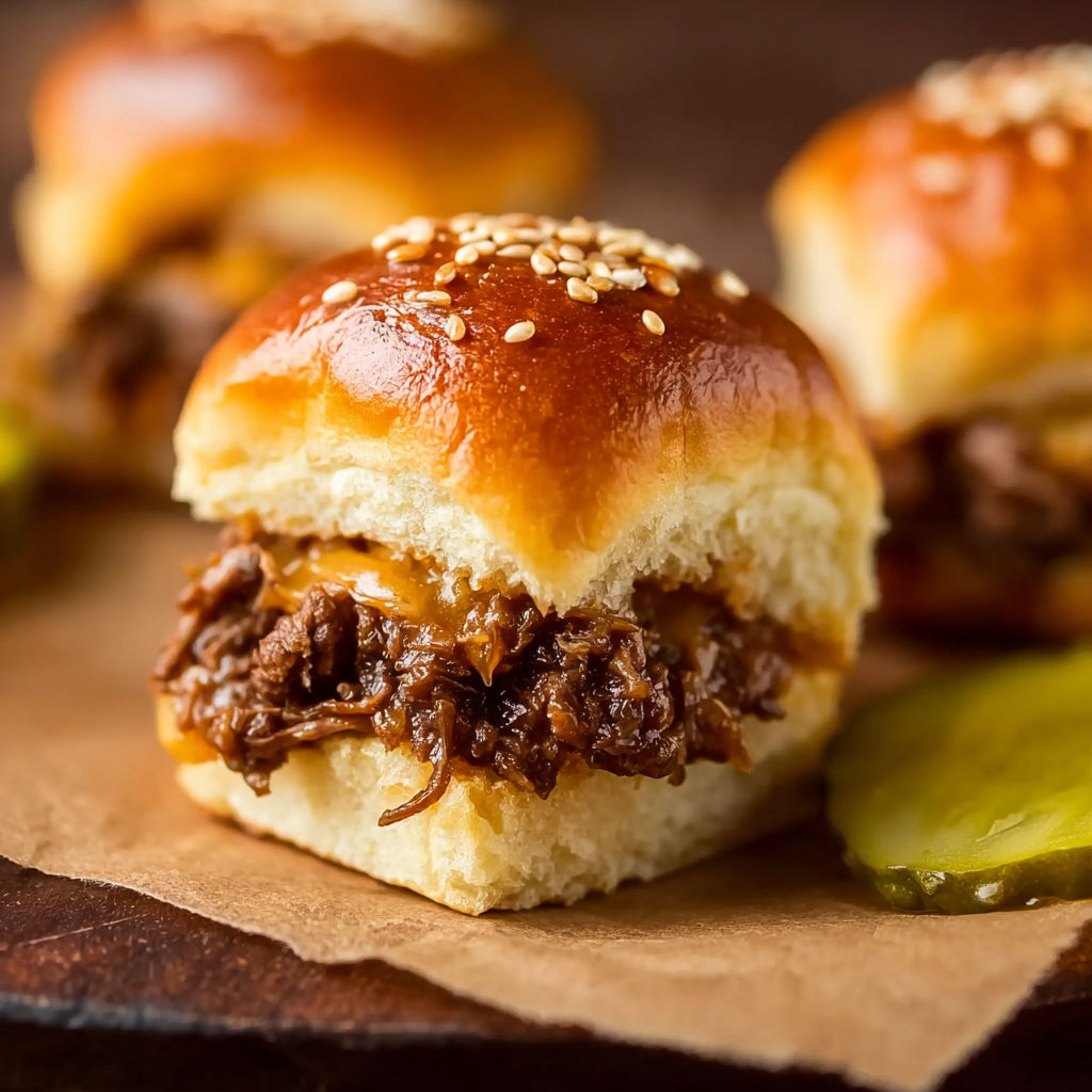 A plate of cheeseburger sliders with pickles on the side.