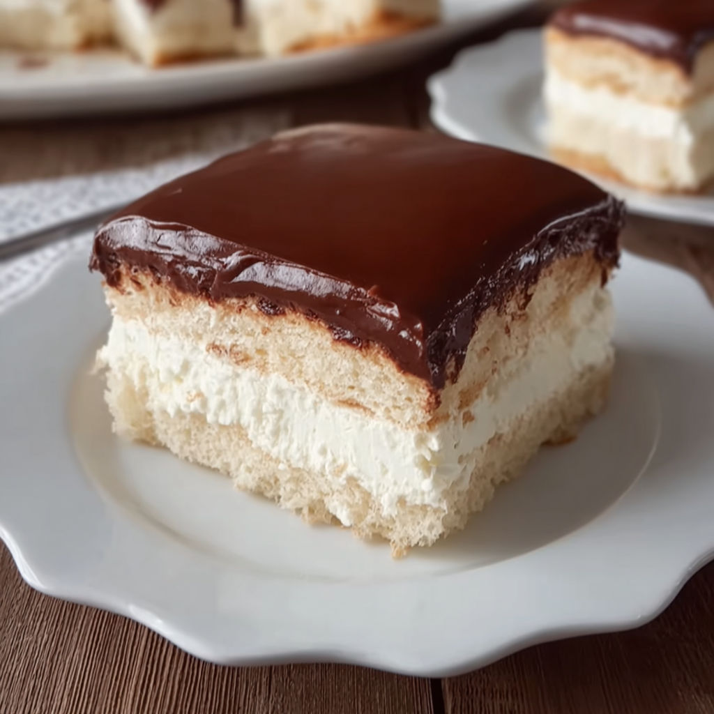 A slice of chocolate cream cake on a white plate.