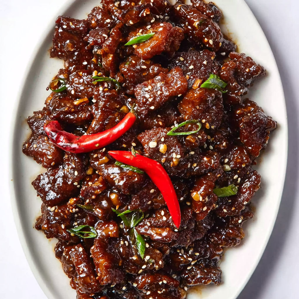 A plate of Mongolian beef with a red pepper on top.