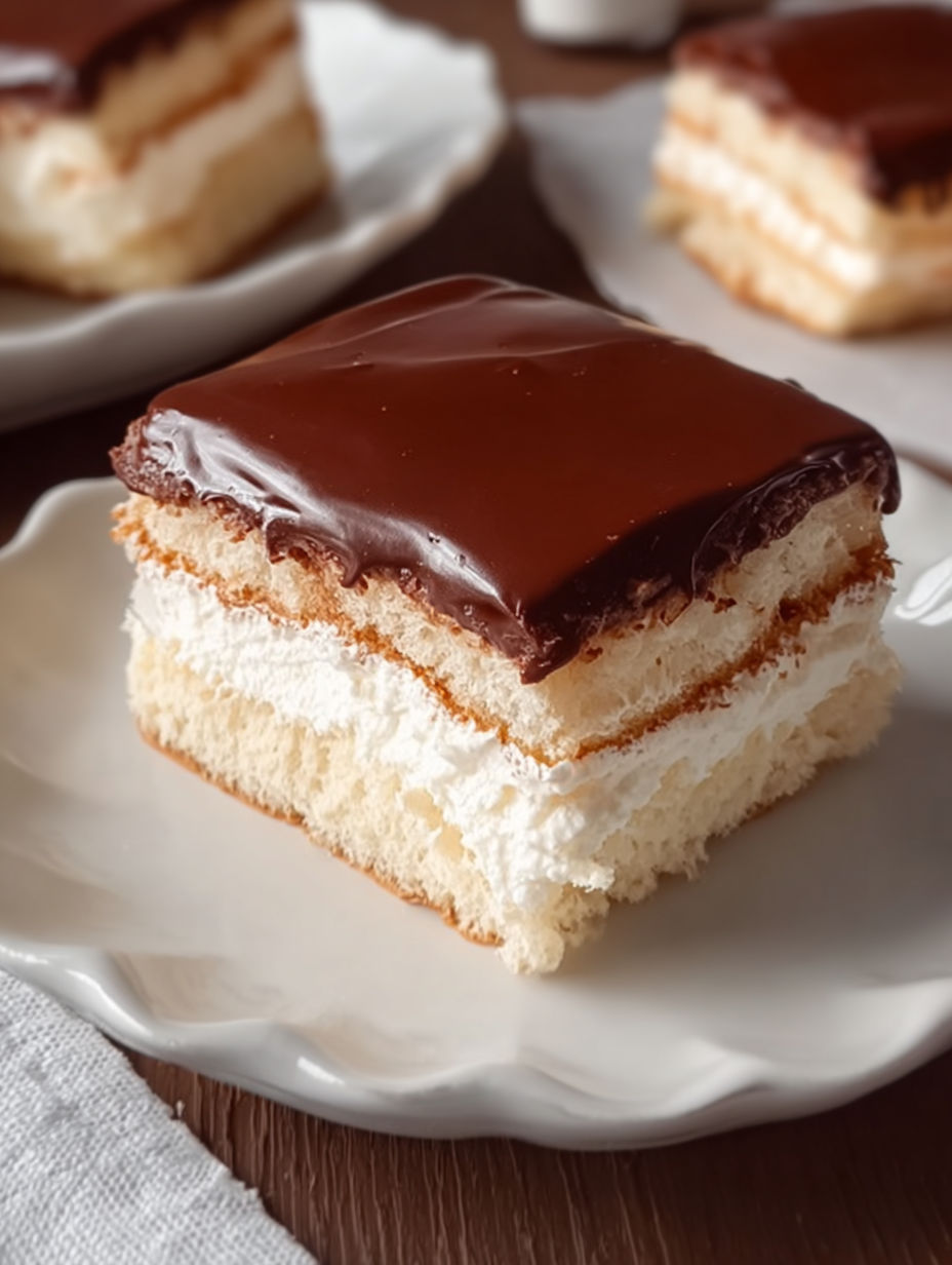 A slice of cake with chocolate frosting.
