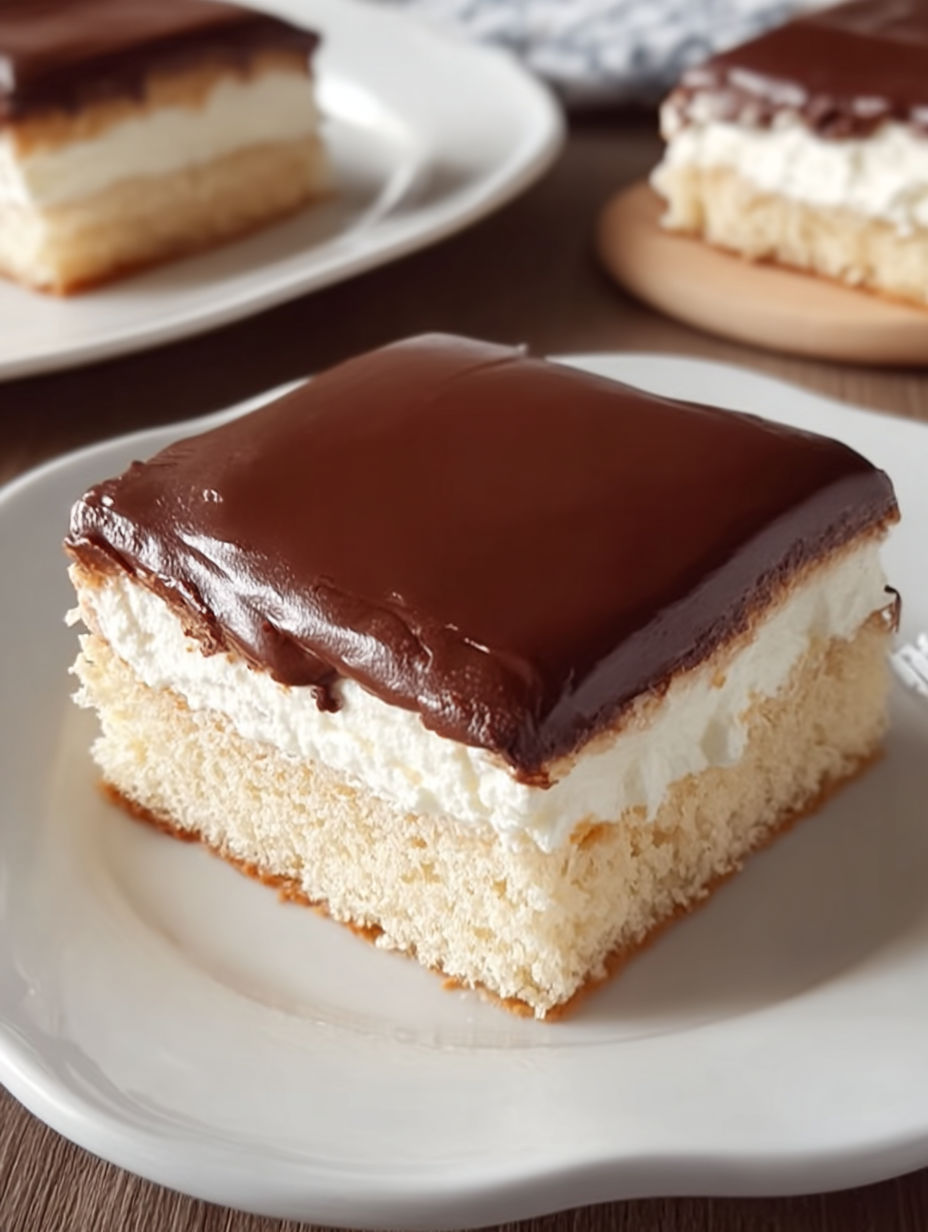 A slice of chocolate cake on a white plate.