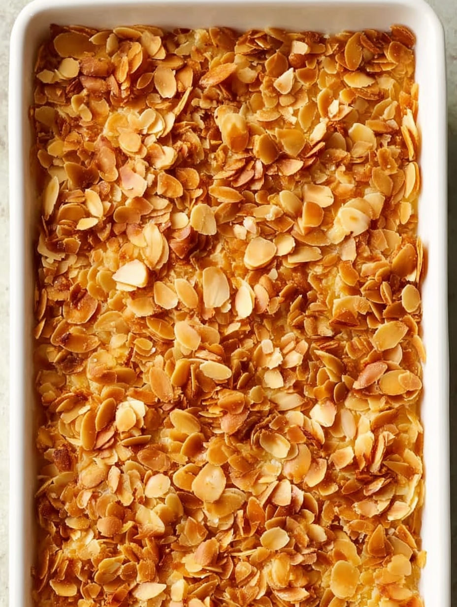 A close up of a baked dessert with almonds.