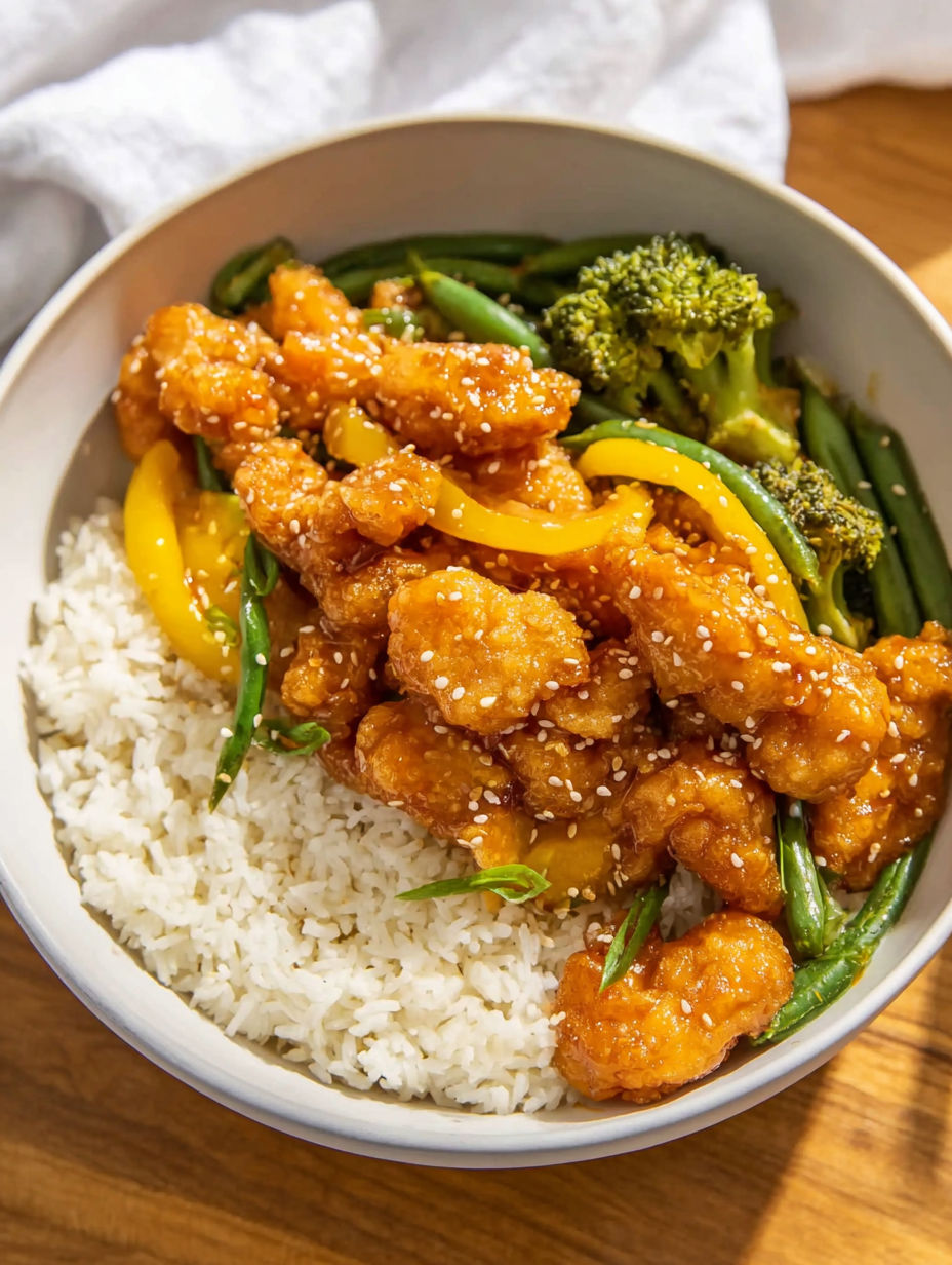 A bowl of food with chicken, rice, and broccoli.