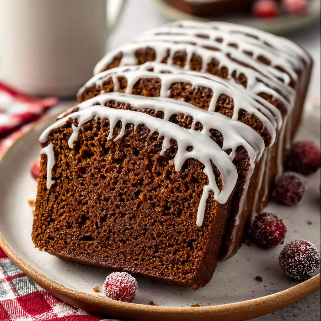 A slice of gingerbread with white frosting.