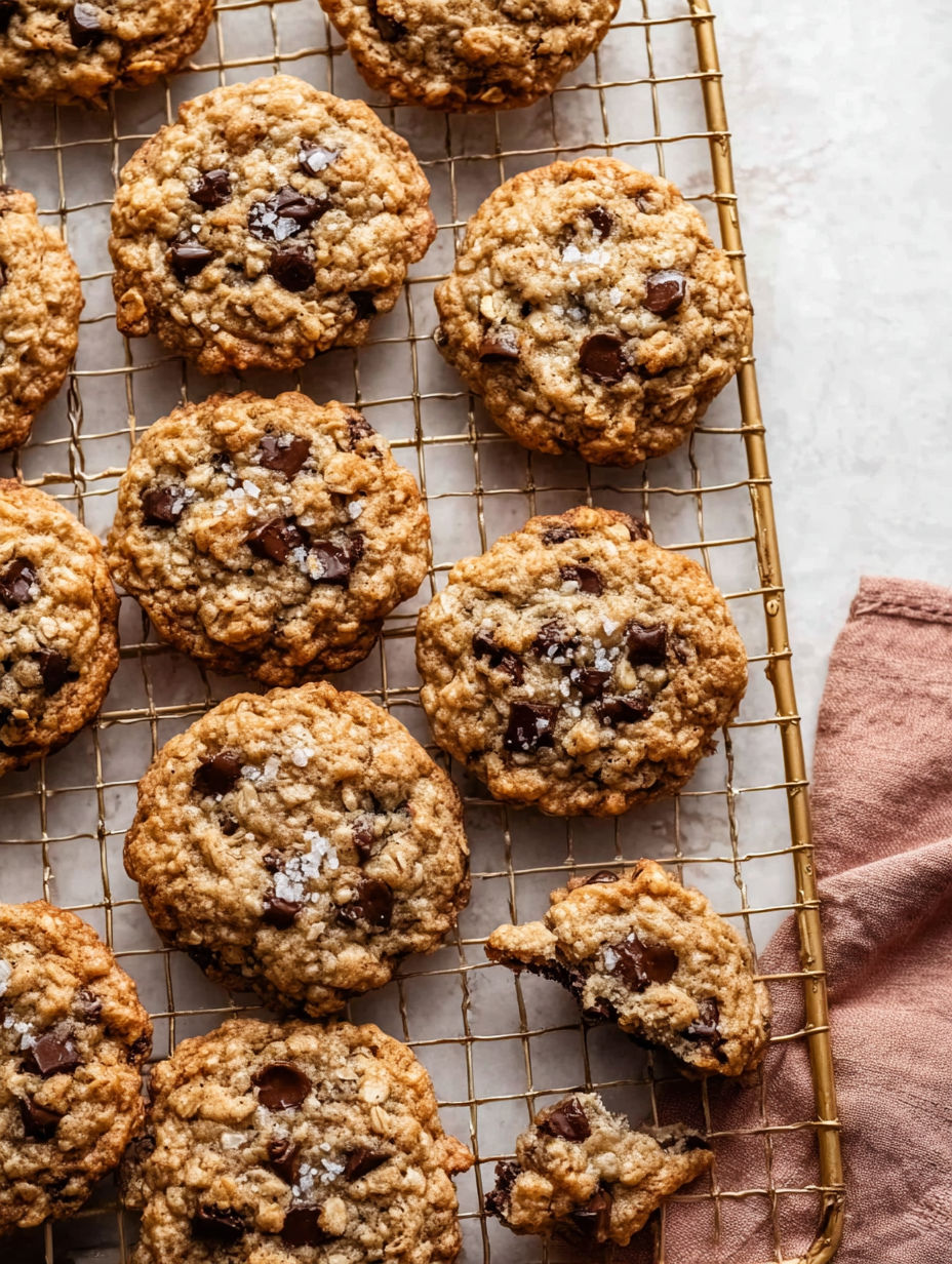 A tray of chewy oatmeal chocolate chip cookies.