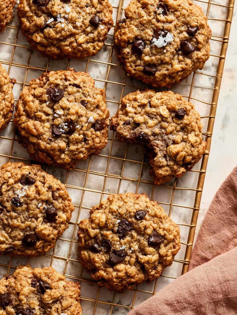 A tray of chewy oatmeal chocolate chip cookies.