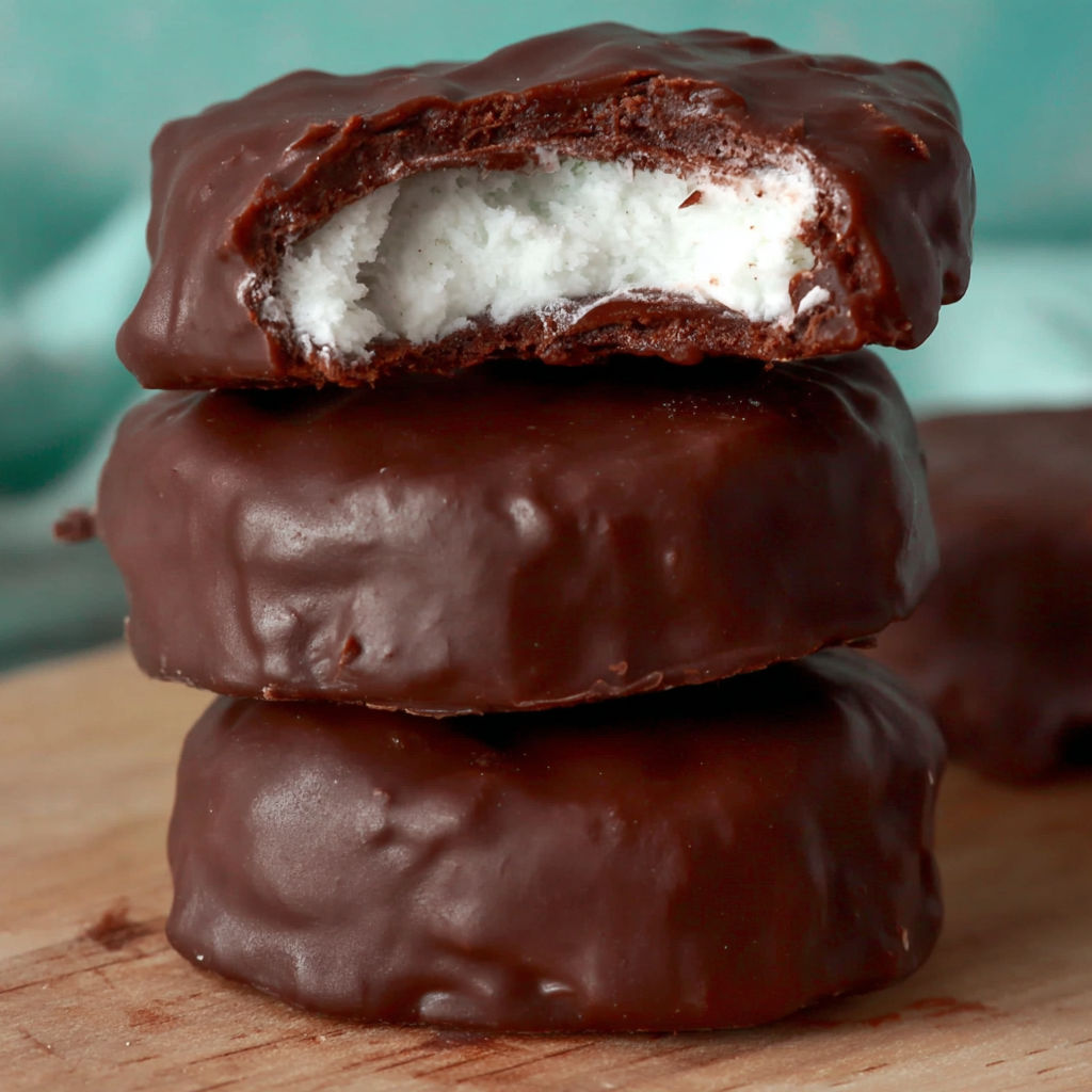 A chocolate dessert with white frosting and a peppermint patty recipe.