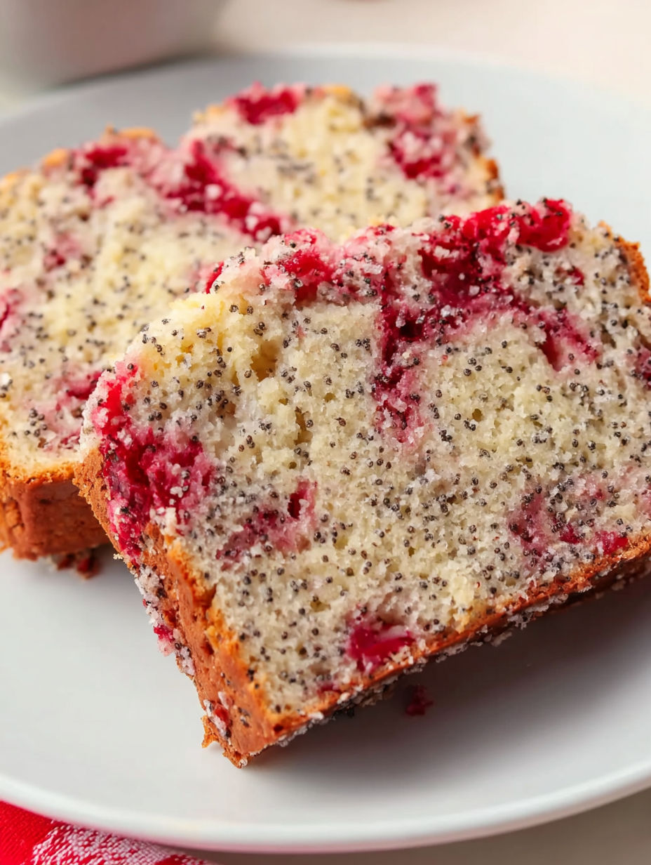 Two slices of cherry almond poppyseed quick bread.