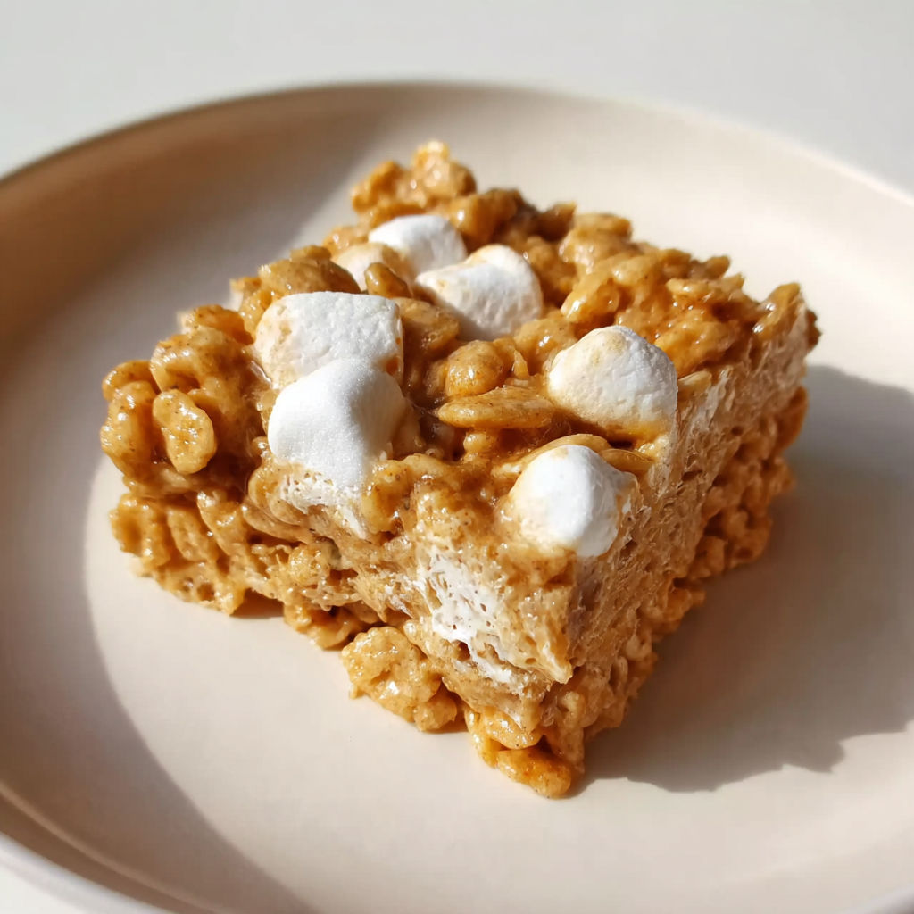A square piece of peanut butter cornflake marshmallow bars.