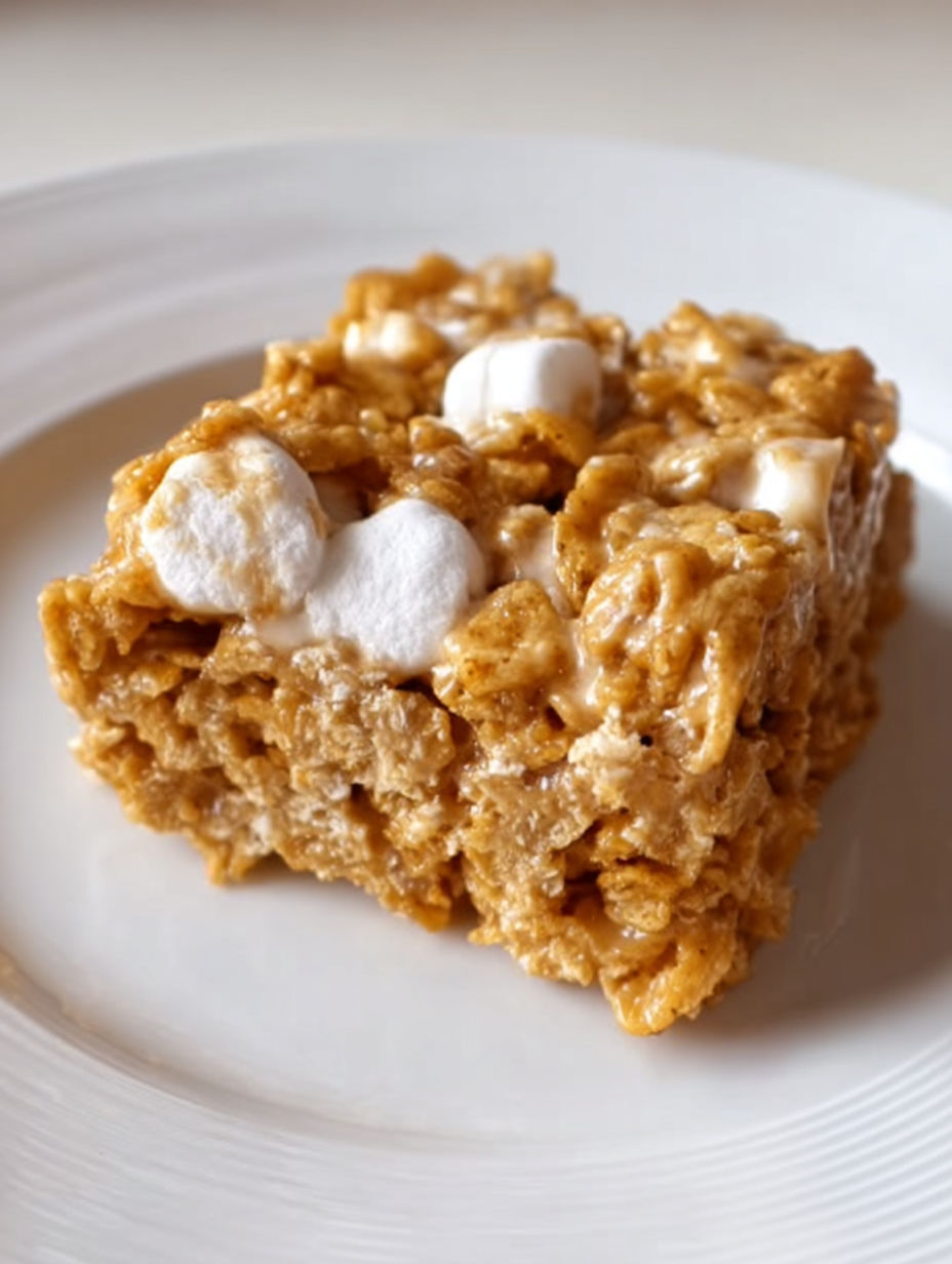 A square piece of peanut butter cornflake marshmallow bars.