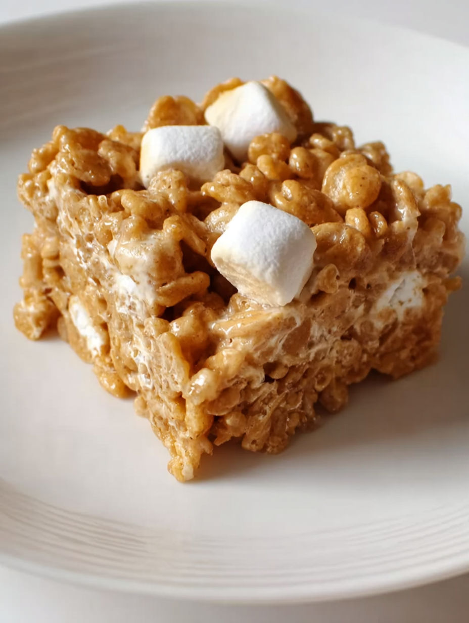 A square piece of peanut butter cornflake marshmallow bars.