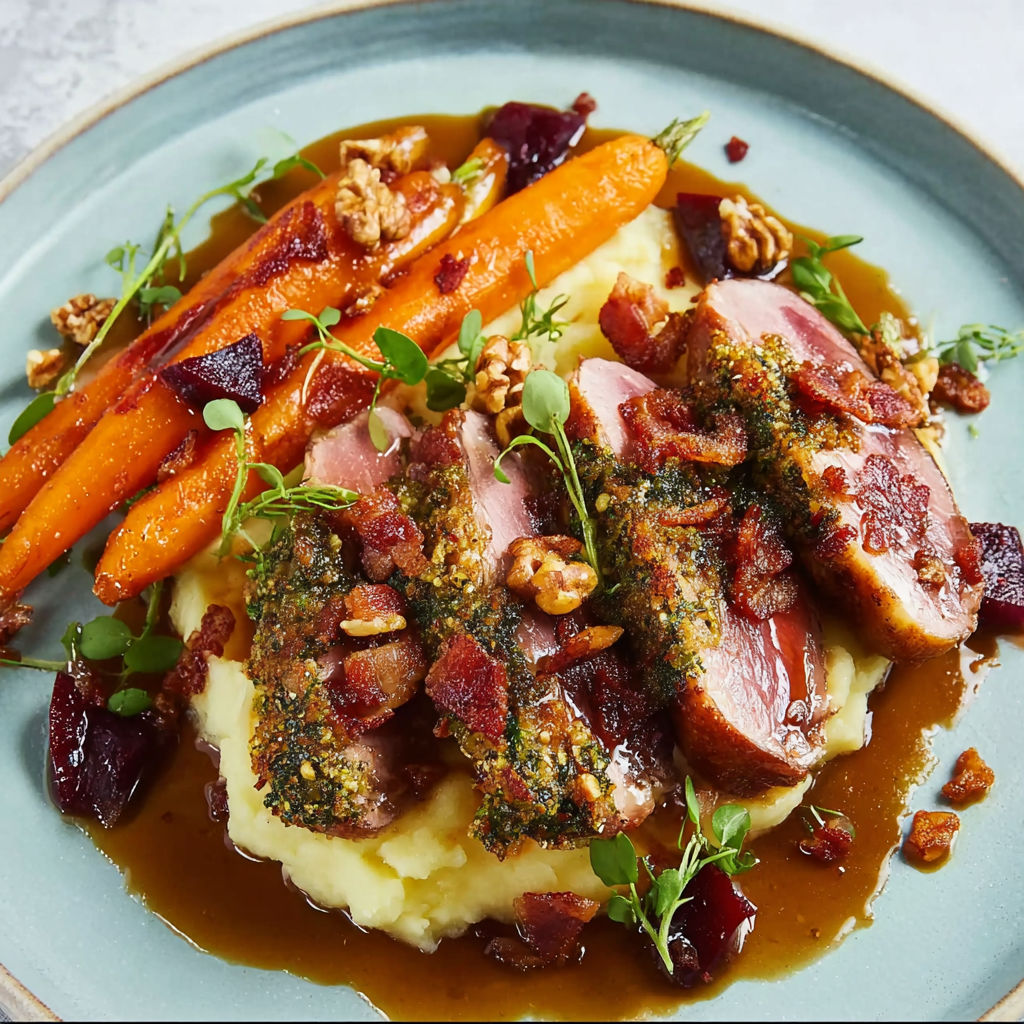 A plate of food with meat, carrots, and sauce.