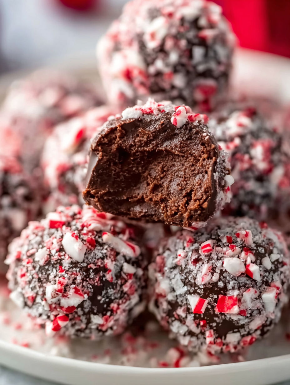 A close up of a chocolate truffle with white and red sprinkles.