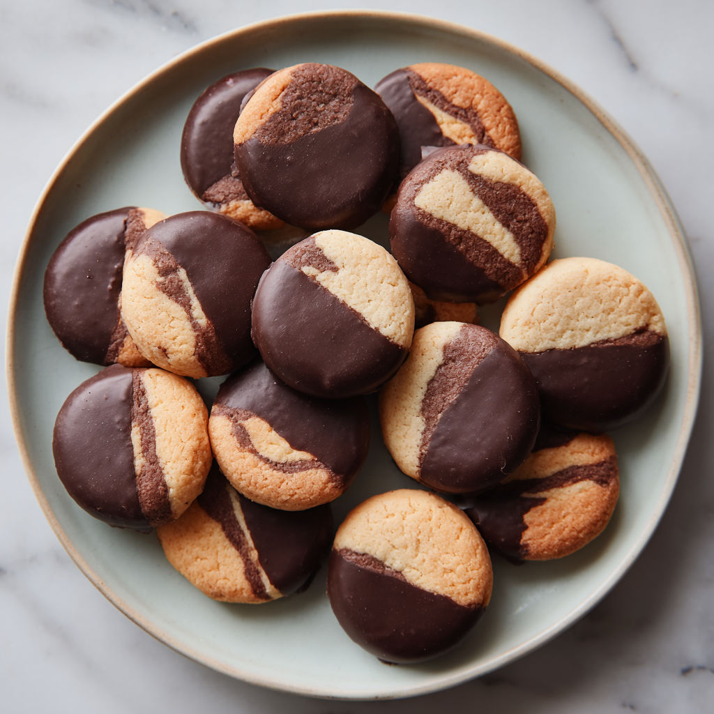 A plate of chocolate cookies with white stripes.