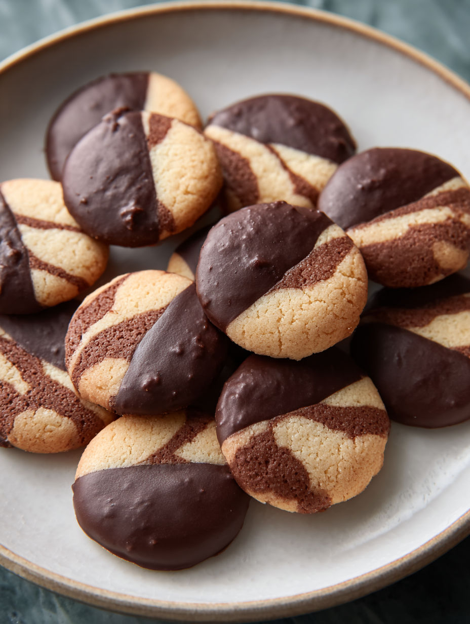 A plate of chocolate and white striped cookies.