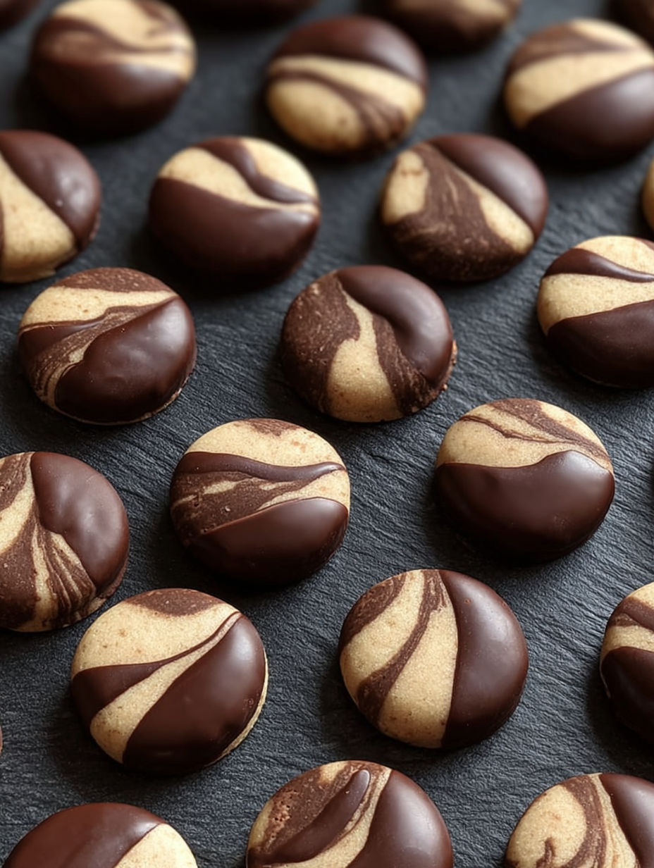 A close up of a chocolate and marbled cookie.