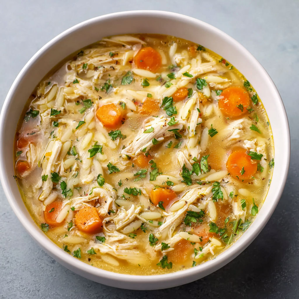 A bowl of soup with chicken and carrots.