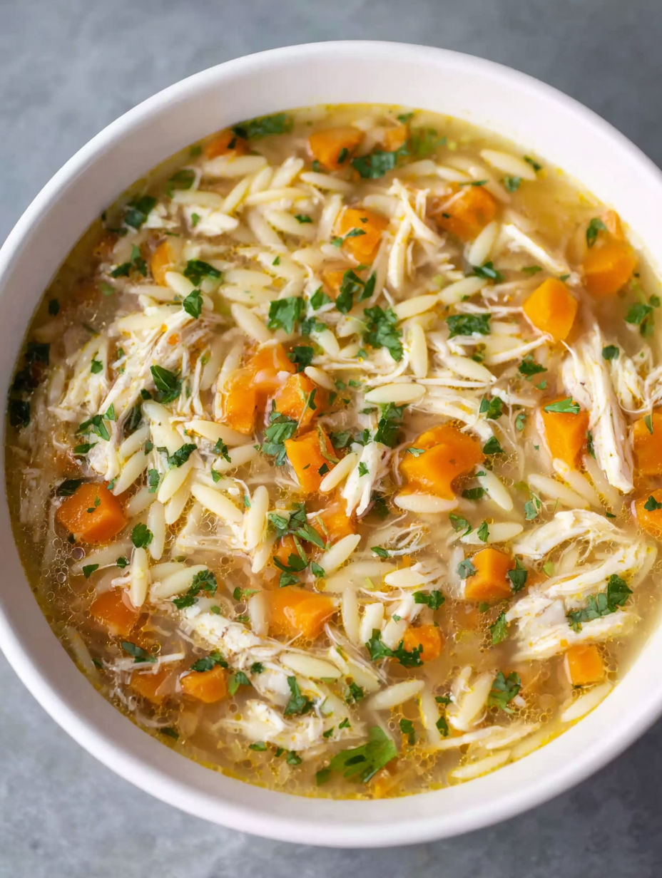 A bowl of soup with chicken and vegetables.