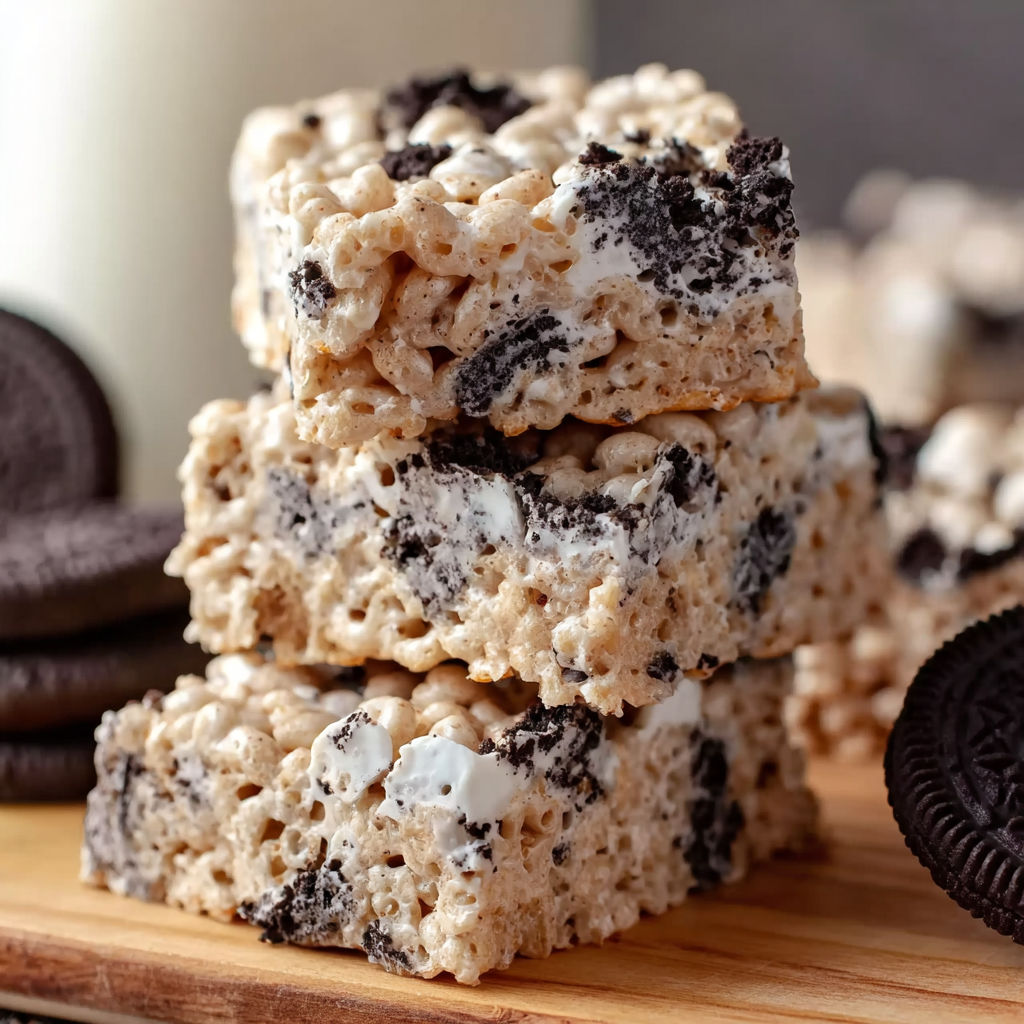 A stack of rice krispie treats with oreo cookies.