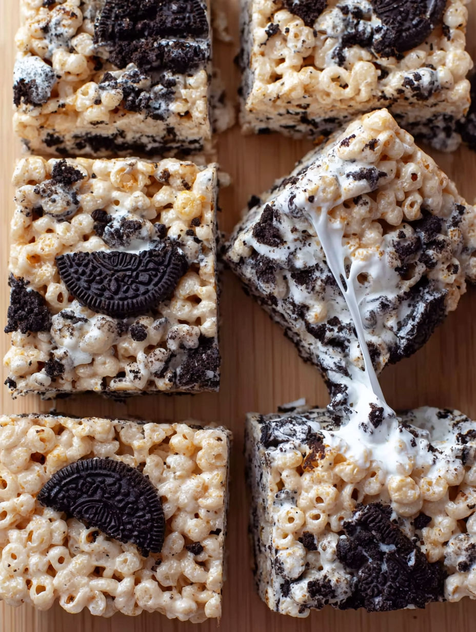 A close up of a rice krispie treat with an oreo cookie on top.