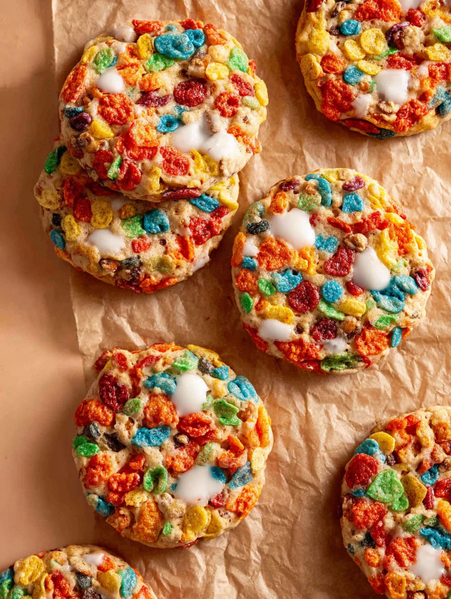 A stack of Fruity Pebble Marshmallow Cookies.