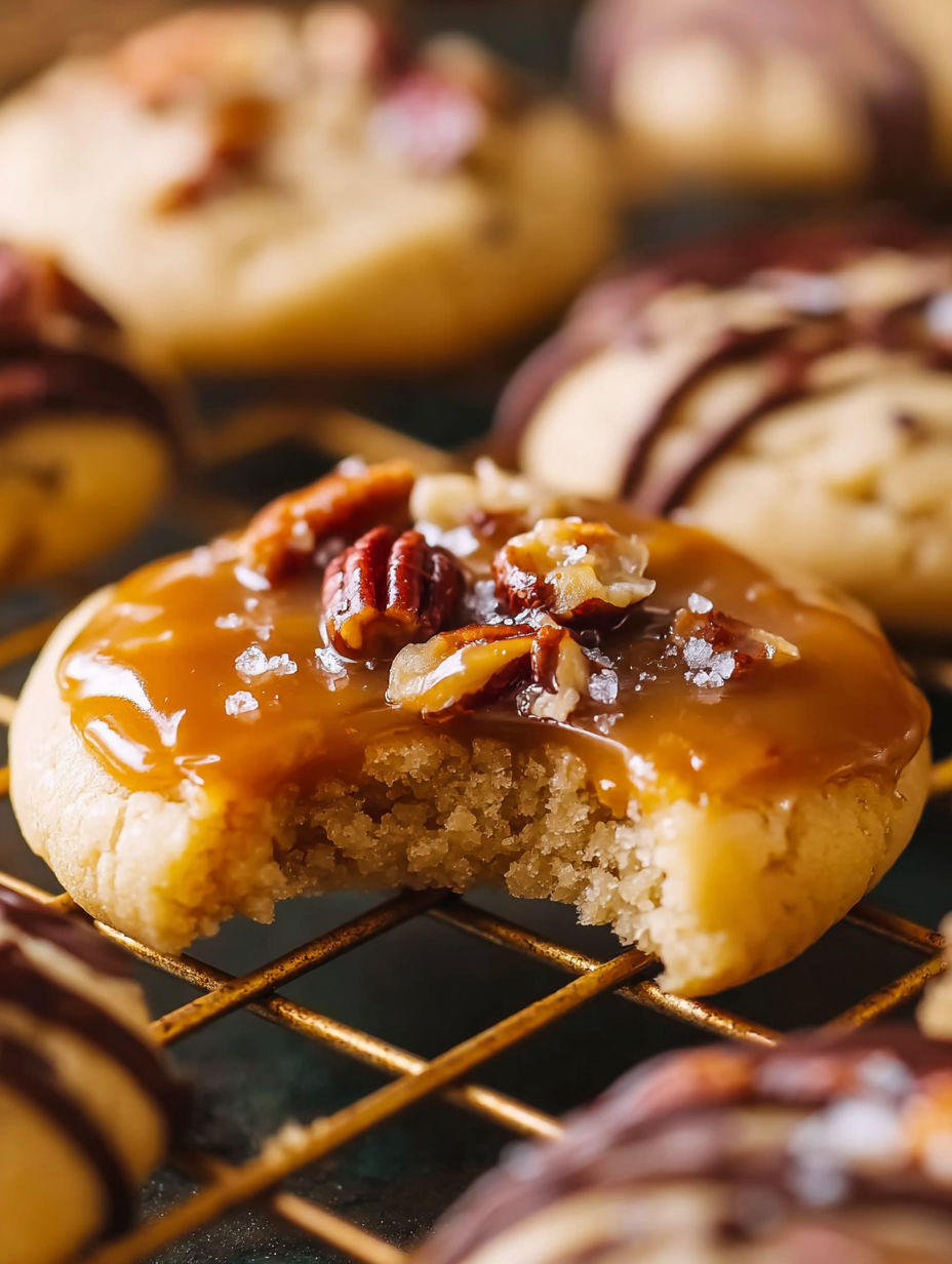 A cookie with pecans and caramel.