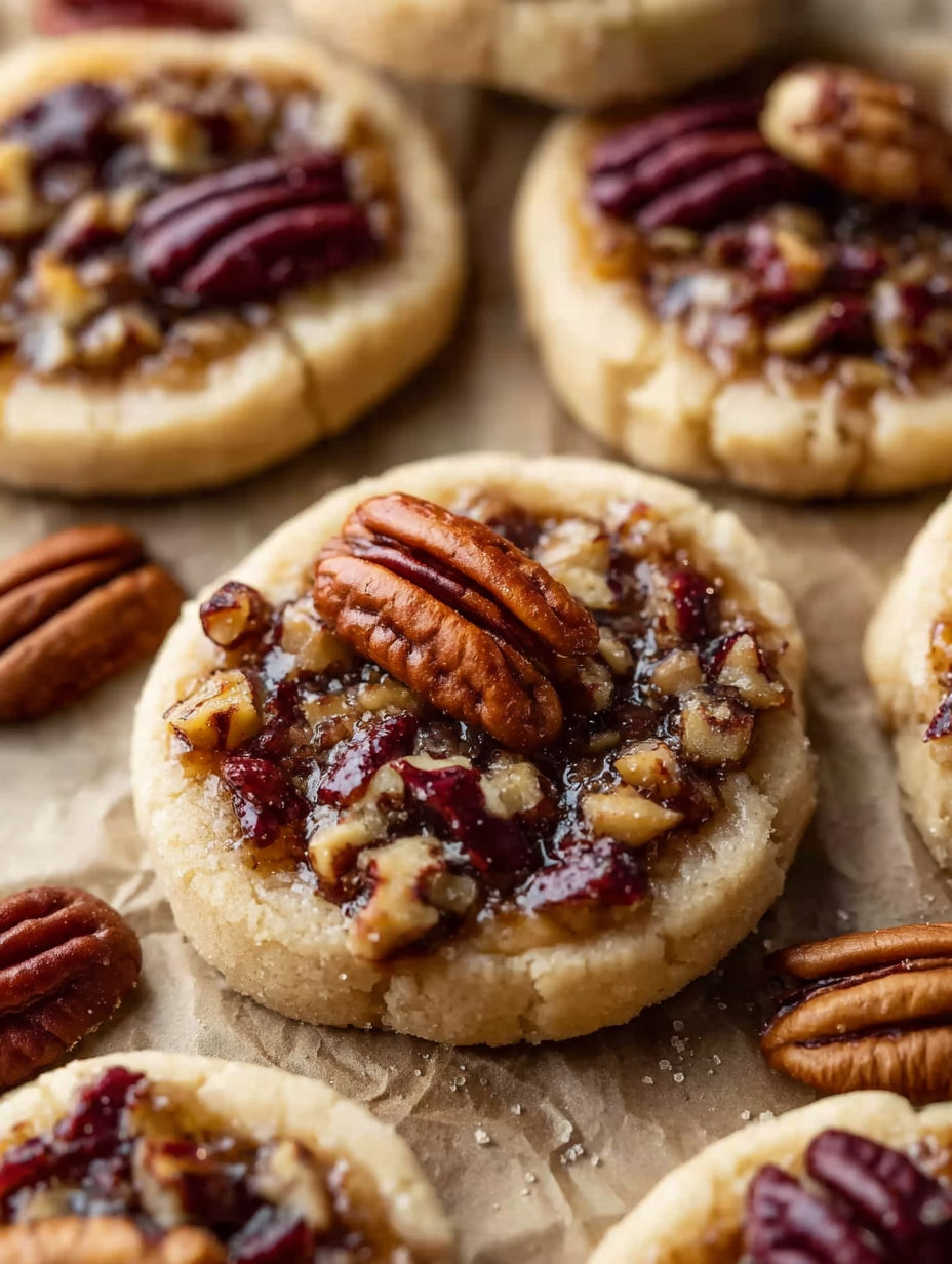 A close up of a pecan cookie with a pecan on top.