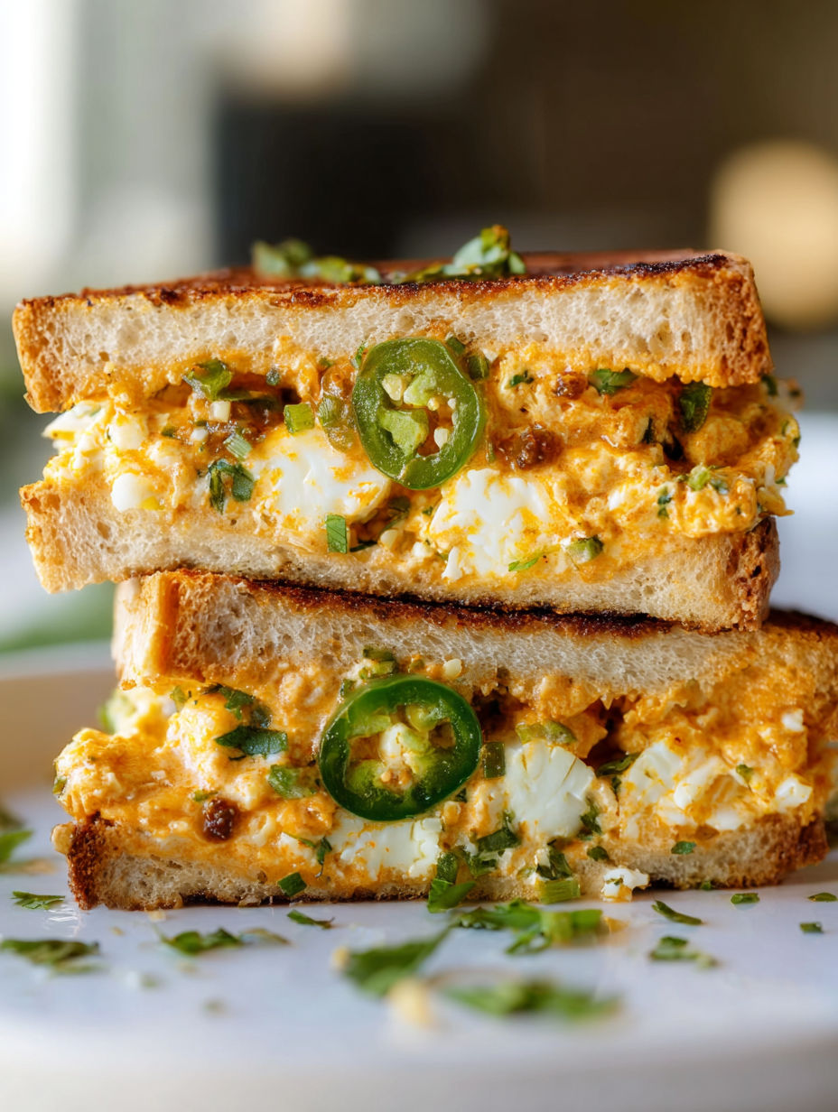 A sandwich with egg salad and jalapenos.