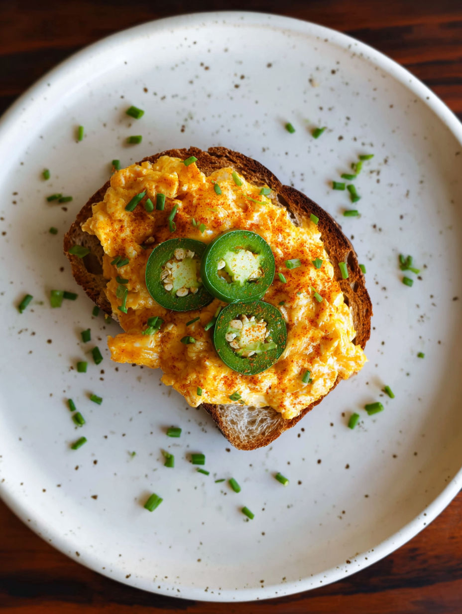 A slice of toast with egg salad and jalapenos.